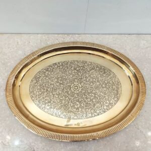 Indian Round Brass Serving Tray – Traditional Floral Engraved Gold Tray