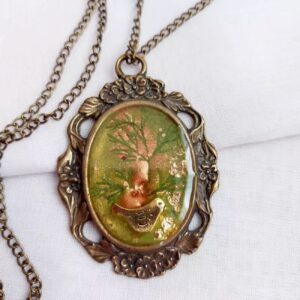 Romantic Women’s Antique Bronze Necklace with Green Resin, Dried Flower, and Bird