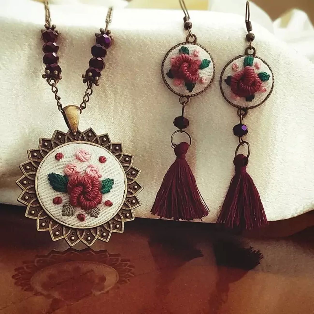 Embroidered Earring, Ring and Necklace Set Include Pair of Free Hair Clips