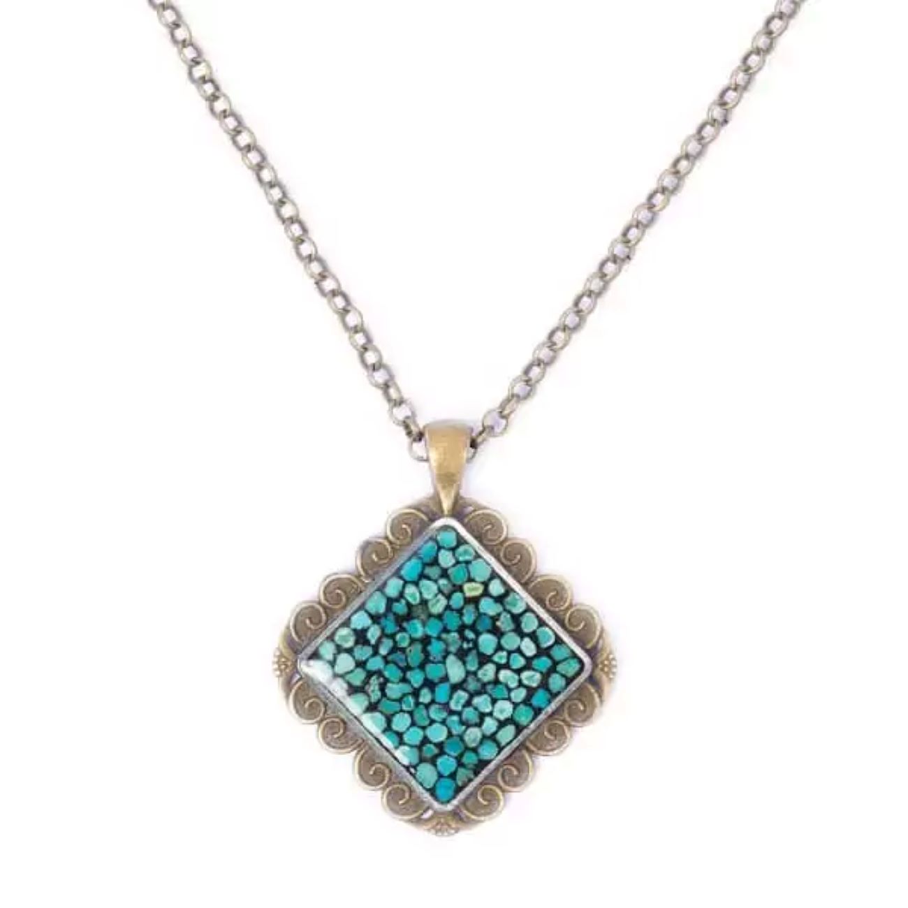 Turquoise Inlaid Bronze Necklace – Rhombus Design Traditional Style