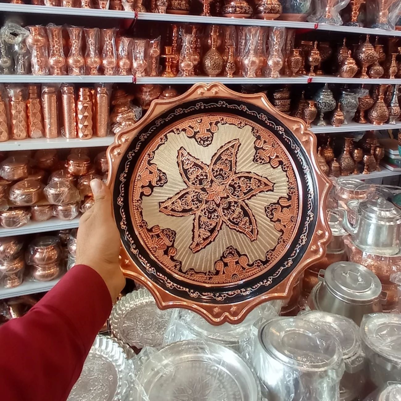 Large Round Copper Serving Tray – Star Design Silver Inlay Nano Finish