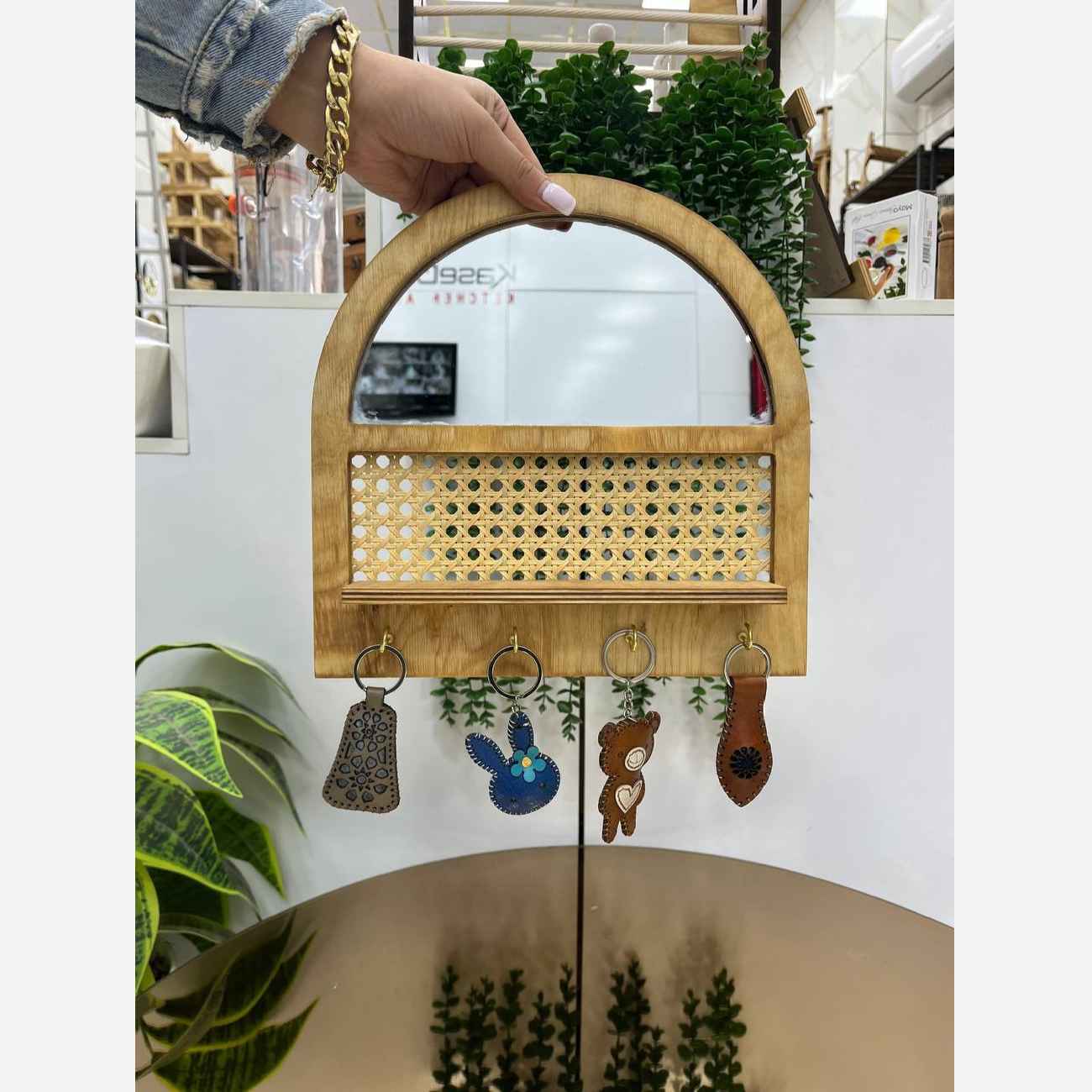 Wooden Key Holder Wall-Mounted with Mirror Design