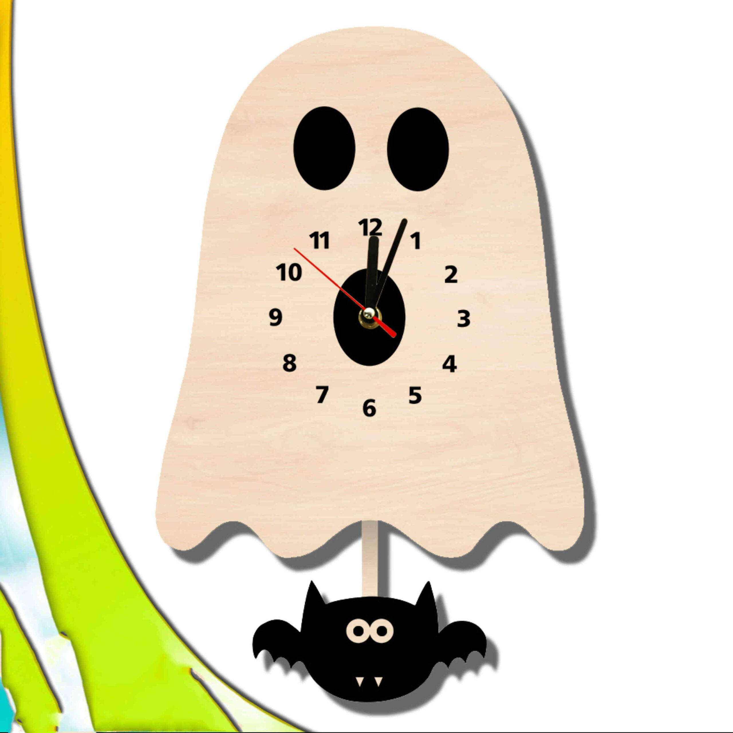 Wooden Nursery Clock with Pendulum – Ghost Theme for Playroom