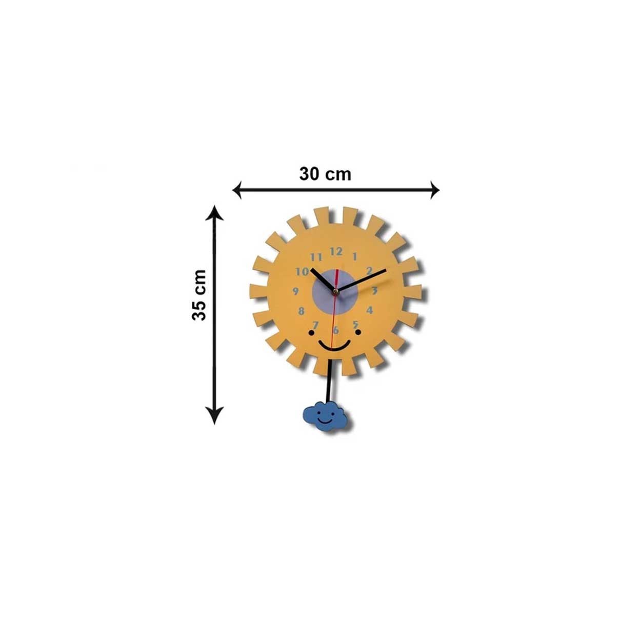Wooden Nursery Wall Clock with Pendulum – Sun & Cloud Themed Deco