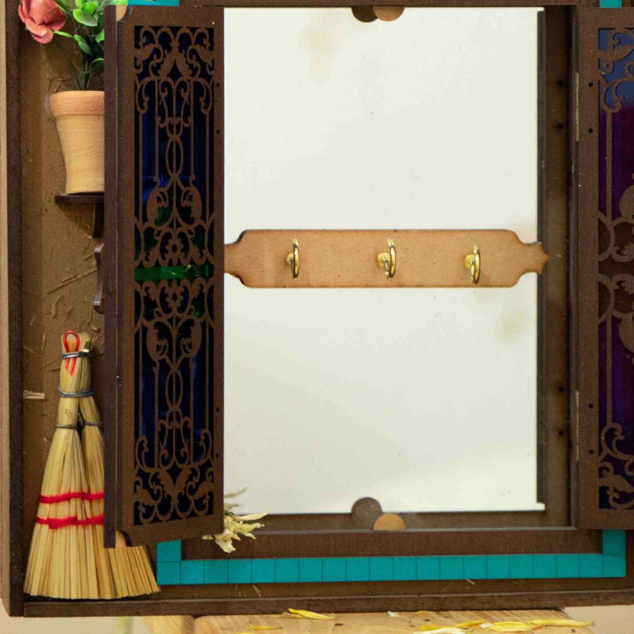 Wooden Wall-Mounted Mirror Key Holder with Traditional Opening Door Design