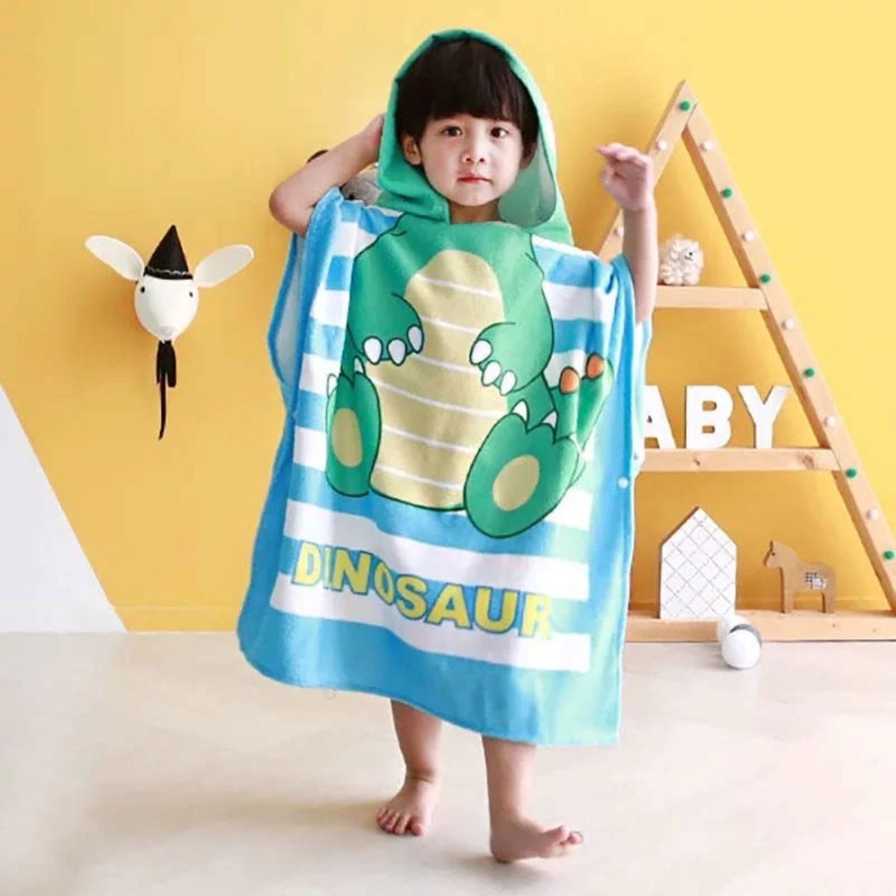 Blue Children’s Poncho Bath Towel with Dinosaur Design