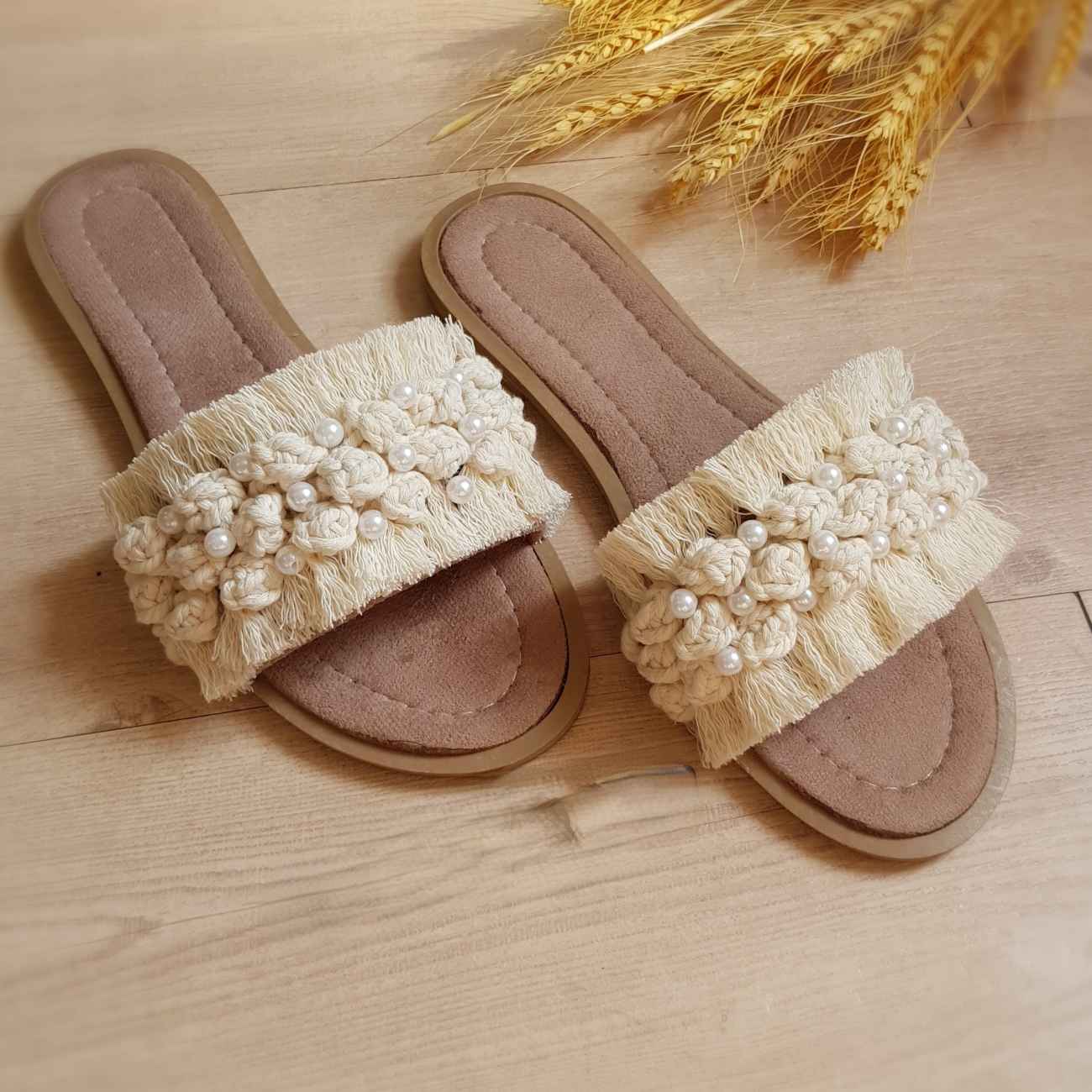 Boho Indoor Macrame Sandal – Pearl Embellished, Comfortable for Long Wear