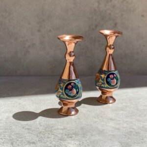 Set of Two Traditional Persian Copper Vases, Adorned with the Classic Gol-o-Morgh Design in a Size 16 Silhouette