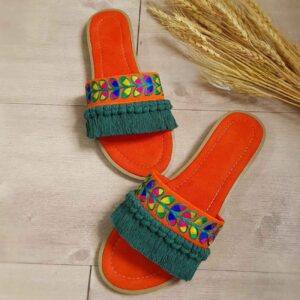 Embroidered Macrame Indoor Slipper for Women – Soft & Handmade with Leaf Design