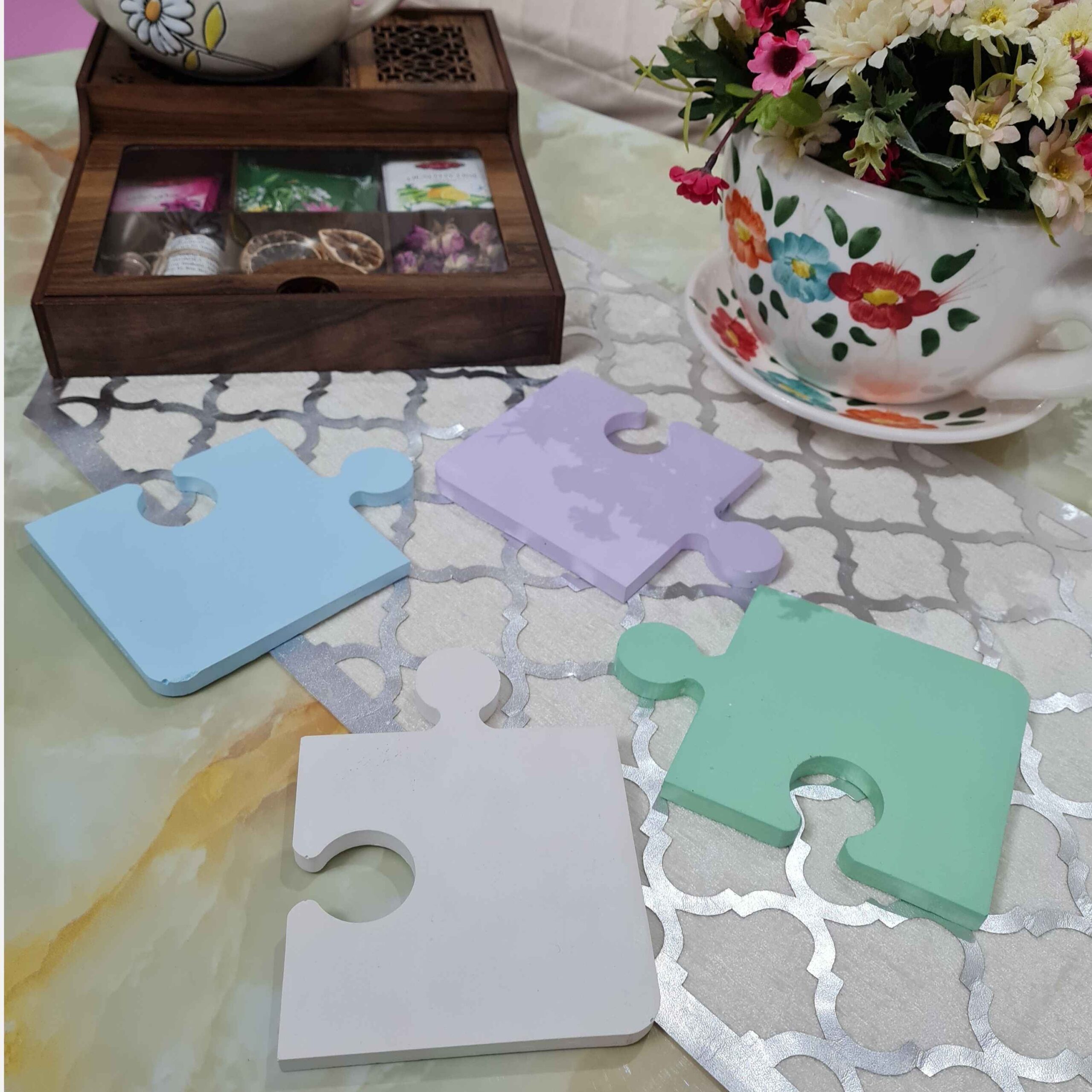 Jigsaw-Inspired Stone Coasters 4-Pack – Minimalist Surface Protection with Style