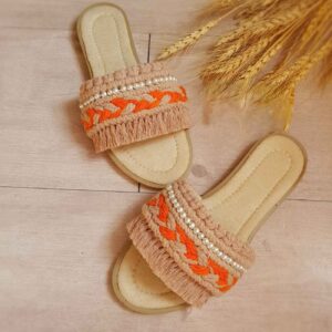 Macrame Indoor Slipper – Perfect for Housewarming with Pearl Dseign in Orange