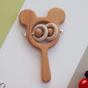 Mickey Mouse Baby Rattle – Wooden Teether Toy for Newborns & Toddlers