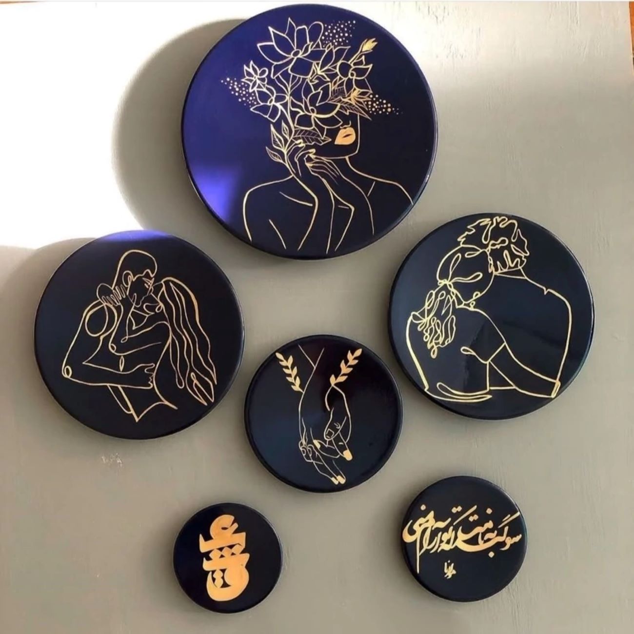 Pottery Wall Plates with Lovers, Poetry, and Embrace Design — Set of 6