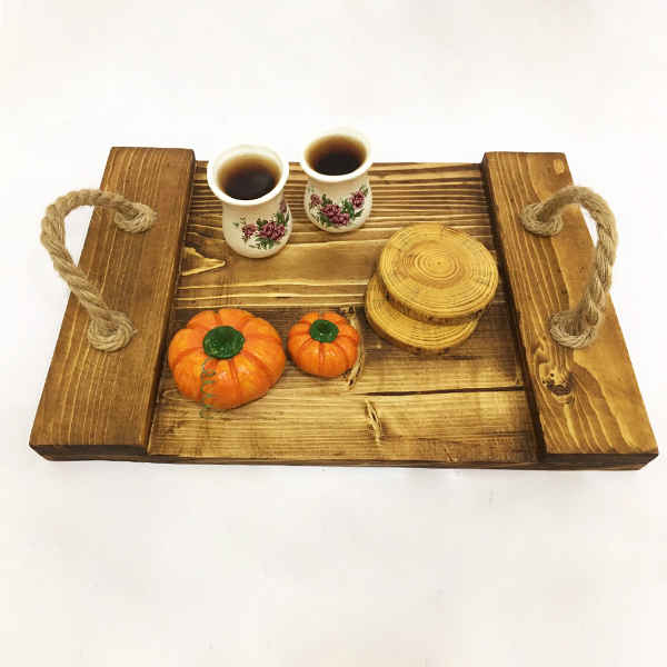 Rustic Wooden Serving Tray with Jute Handles – Coffee Table Tray