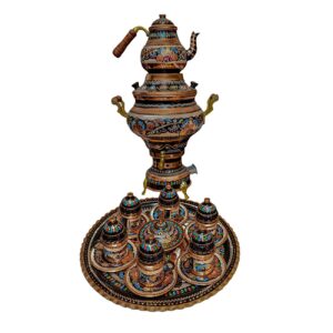 16-Piece Charcoal Copper Samovar Set with Mina-Kari Enamel Design