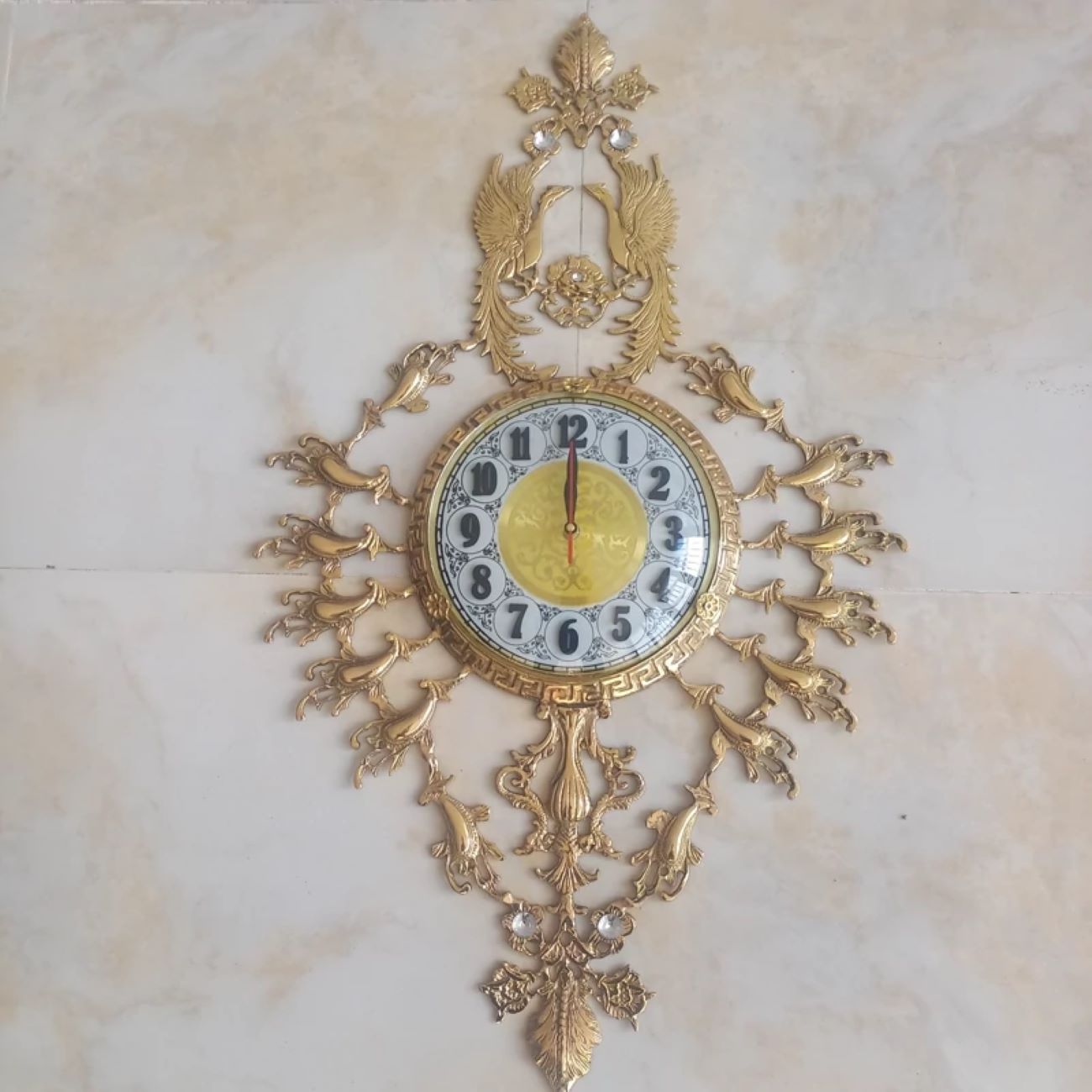 Elegant and Timeless Brass Wall Clock with Bird Design in Rhombus Shaped