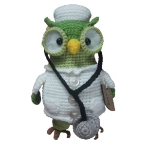 Handmade Knitted Owl Doll – Green Doctor Owl Amigurumi