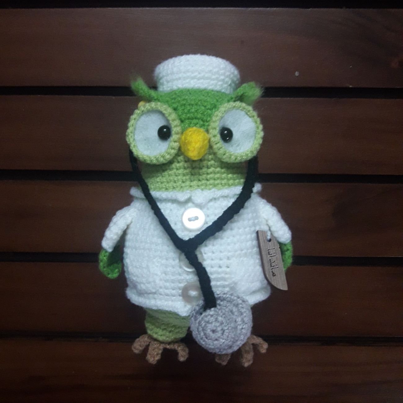 Handmade Knitted Owl Doll – Green Doctor Owl Amigurumi