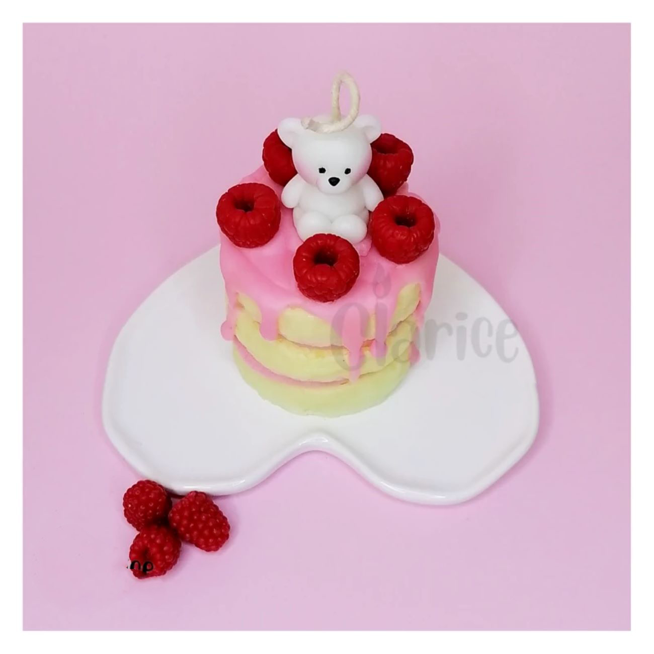 Handmade Fancy Cake Candle – Yellow Bear & Raspberry Design