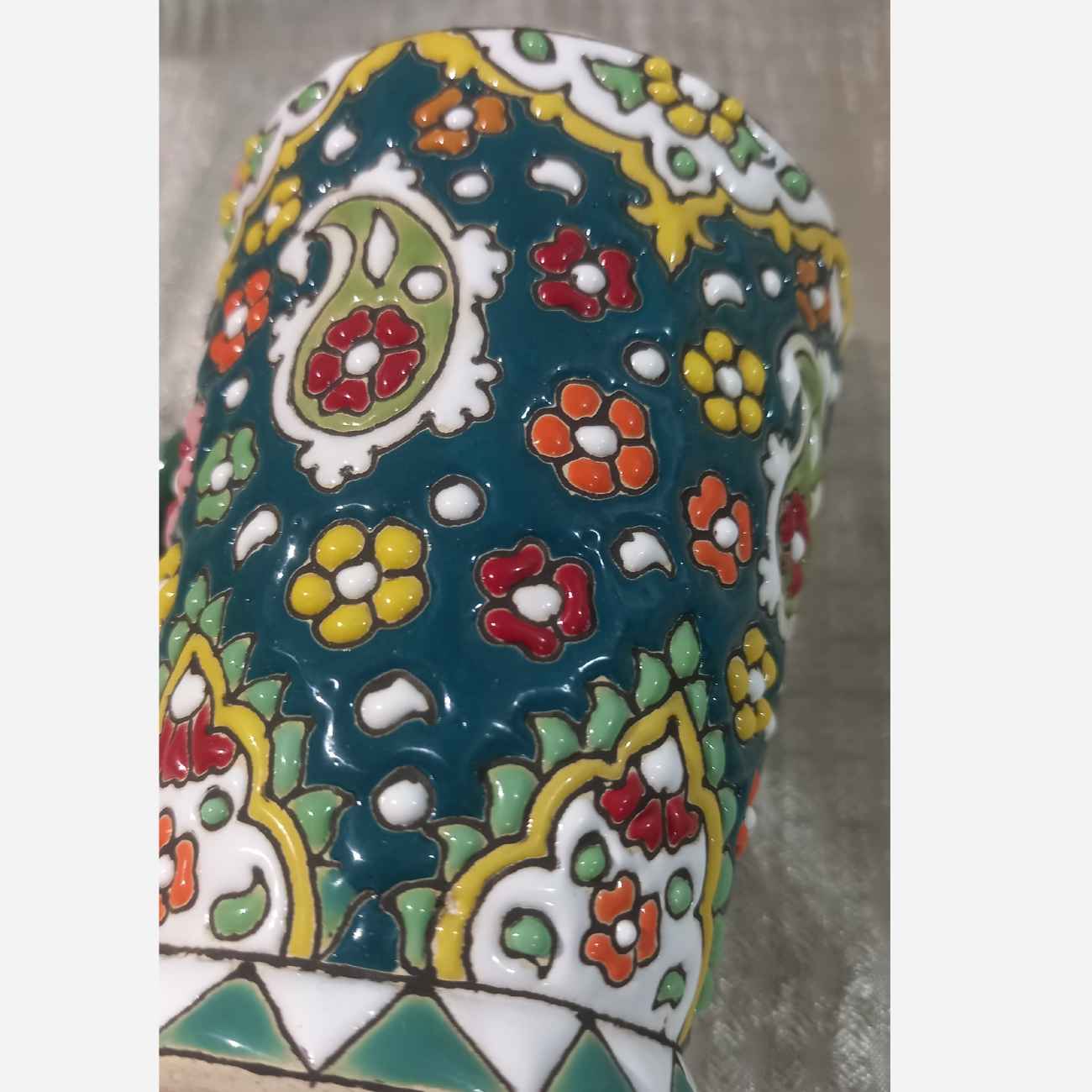 Handmade Minakari Pottery Mug – Green Paisley Artisan Design