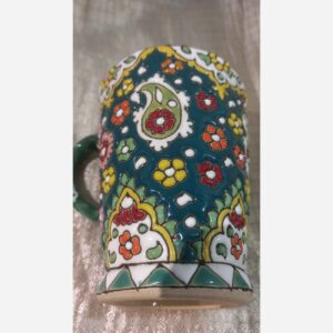 Handmade Minakari Pottery Mug – Green Paisley Artisan Design