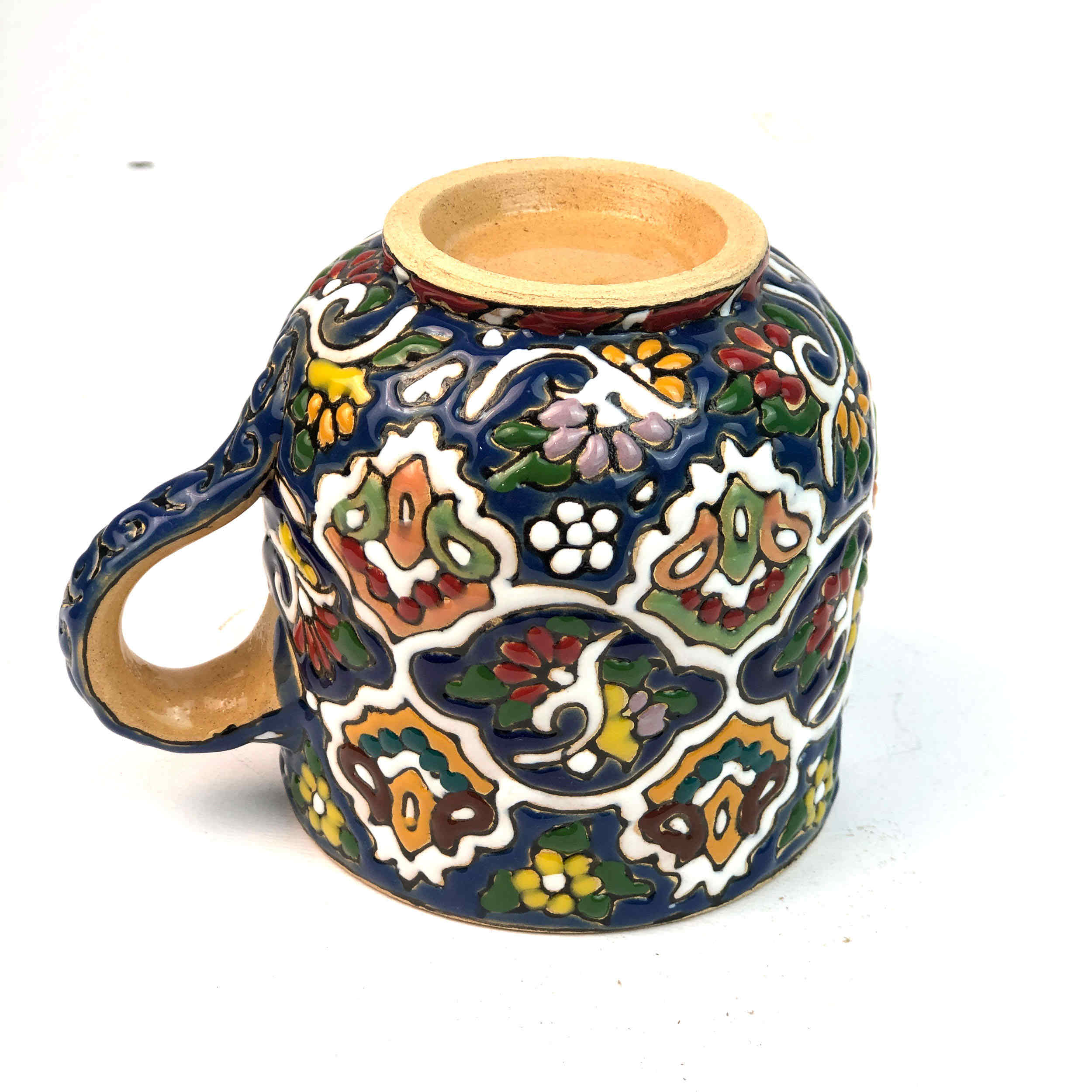 Handmade Minakari Pottery Mug – Navy Blue Floral Coffee Cup