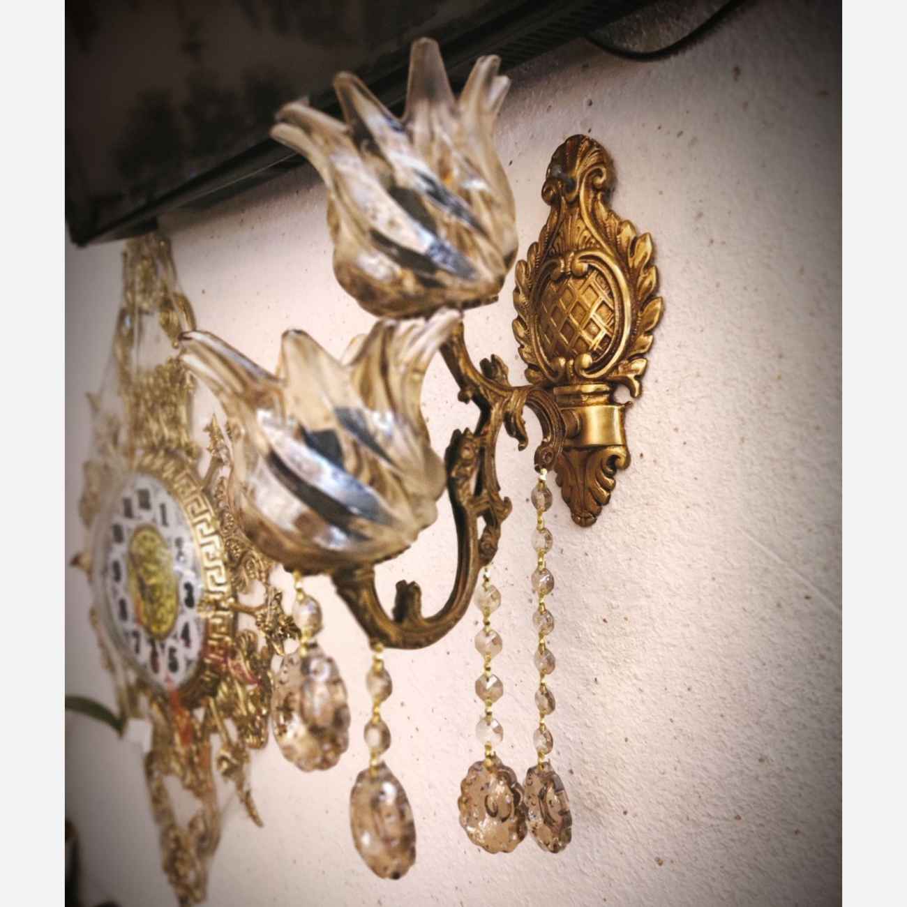 Brass & Bronze Wall Sconce with Double Floral & Two-Light Design
