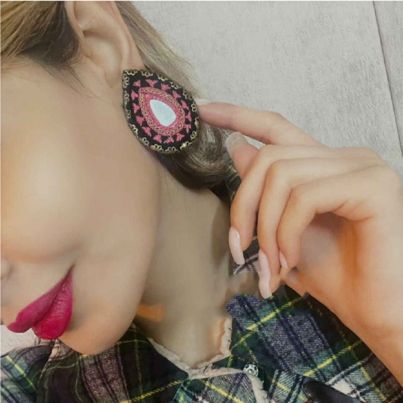 Traditional Persian Earrings – Hand-Stitched In Black & Pink Design for Boho Look