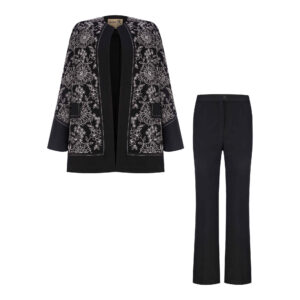 Women’s Manto & Pants Set, Zanus Model with Embroidery Design in Black
