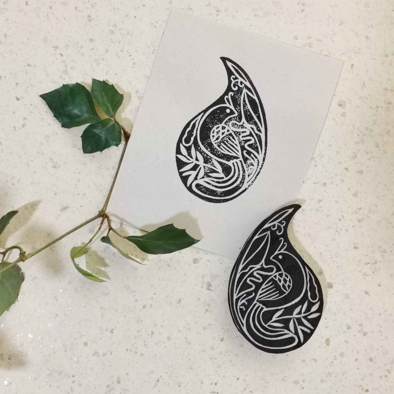 Handmade Bird & Paisley Linoleum Stamp – Perfect for Paper & Fabric Crafts