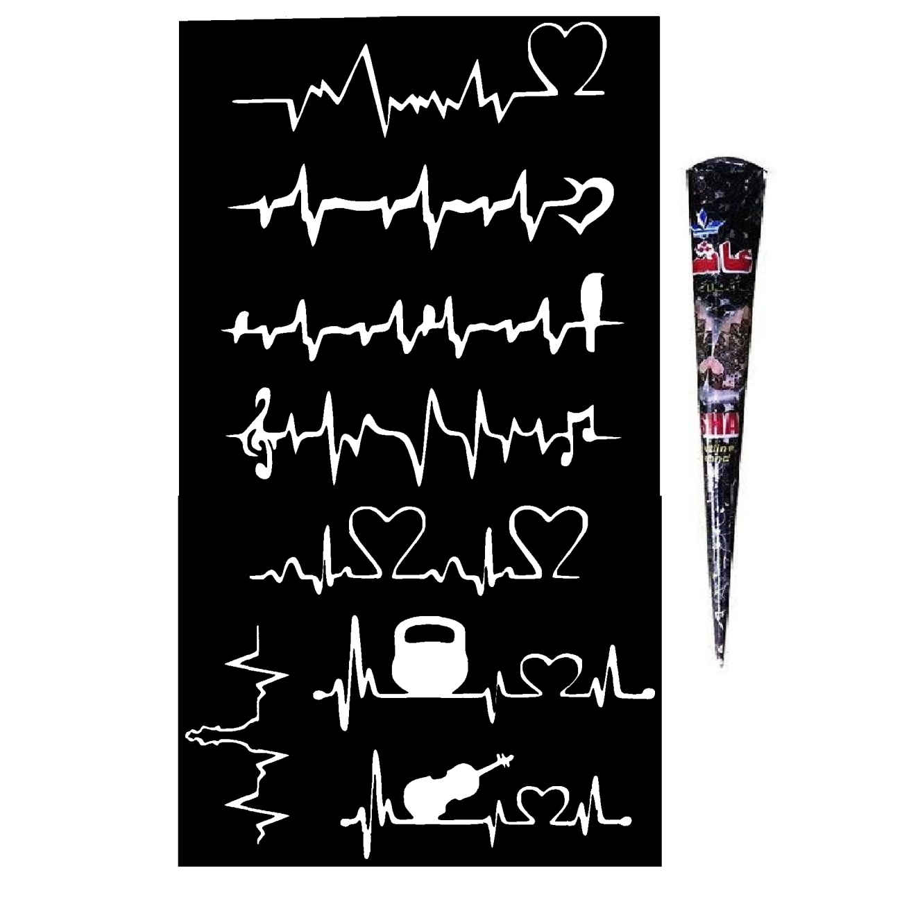 Heartbeat (ECG) Henna Stencil Kit with Sheets (Set of 9)