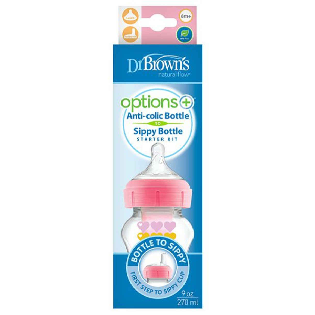 Dr. Brown’s Baby Bottle – Pink with Anti-Colic Vent System & Juice Spout – 270ml