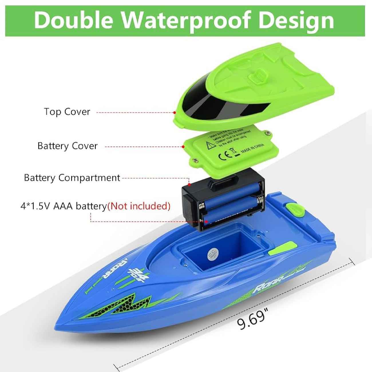 Fast Waterproof Blue-Green RC Boat with 2.4 GHz Remote Control – Perfect Gift for Kids