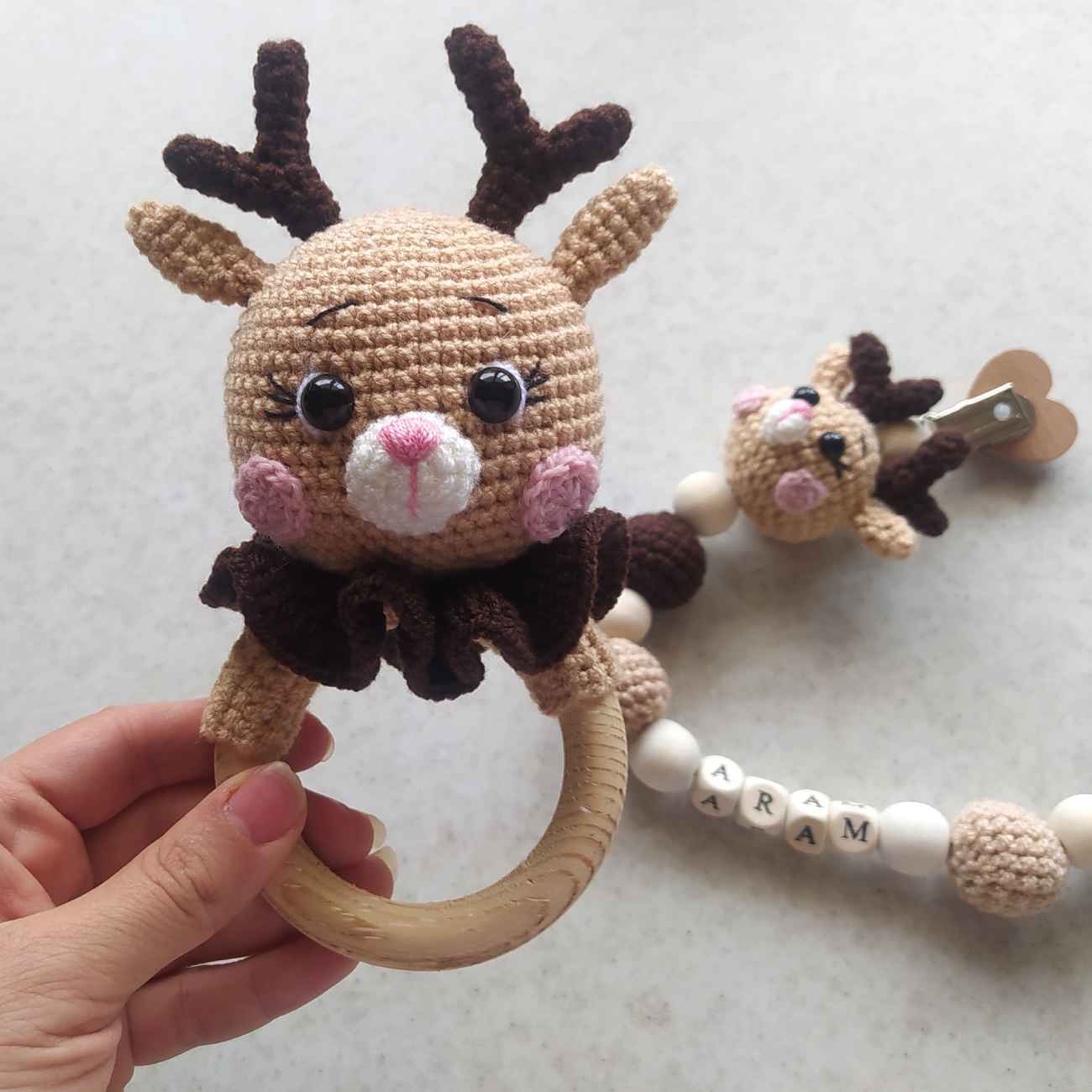 Handmade Knitted Deer Rattle – Eco-Friendly Brown Baby Toy