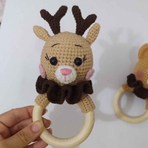 Handmade Knitted Deer Rattle – Eco-Friendly Brown Baby Toy
