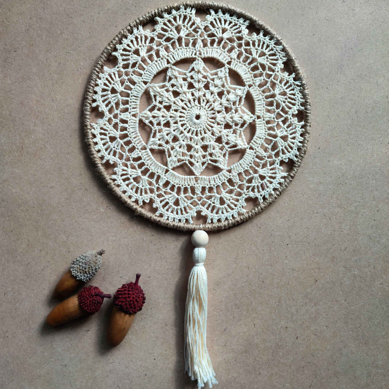 Handmade Knitted Wall Hanging – Cream Boho Dream Catcher