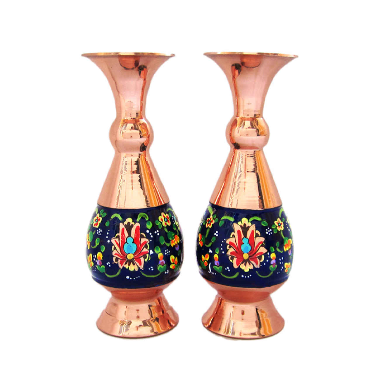 Set of Two Pardaz Copper Vases, Featuring Exquisite Persian Minakari Enamel Art for a Coordinated Elegant Look