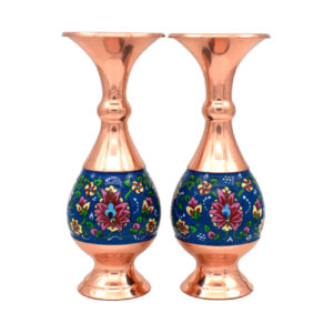 Set of Two Pardaz Copper Vases, Featuring Exquisite Persian Minakari Enamel Art for a Coordinated Elegant Look