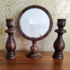 Handcrafted Walnut Wooden Mirror Frame with Matching Candlesticks (2)