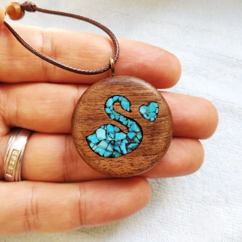 Handmade Walnut Swan Necklace – Nishapur Turquoise Inlay