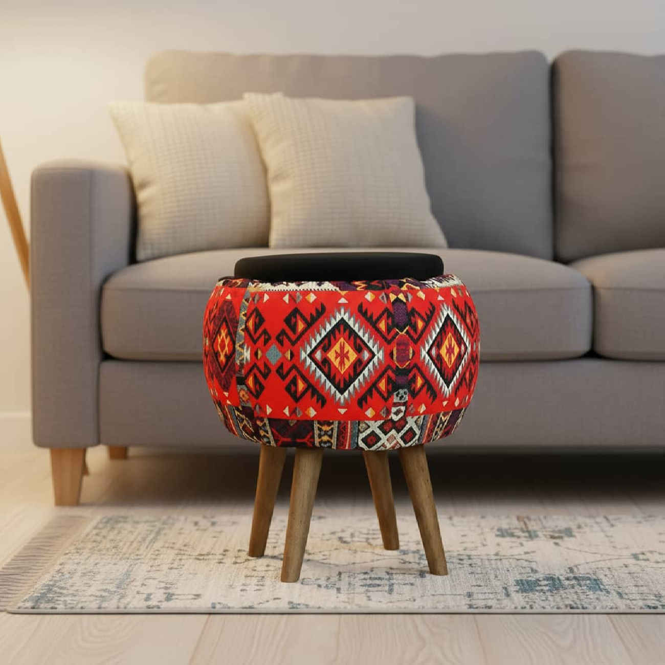 Small Decorative Persian Ottoman – Iranian Pattern with Durable Wooden Base