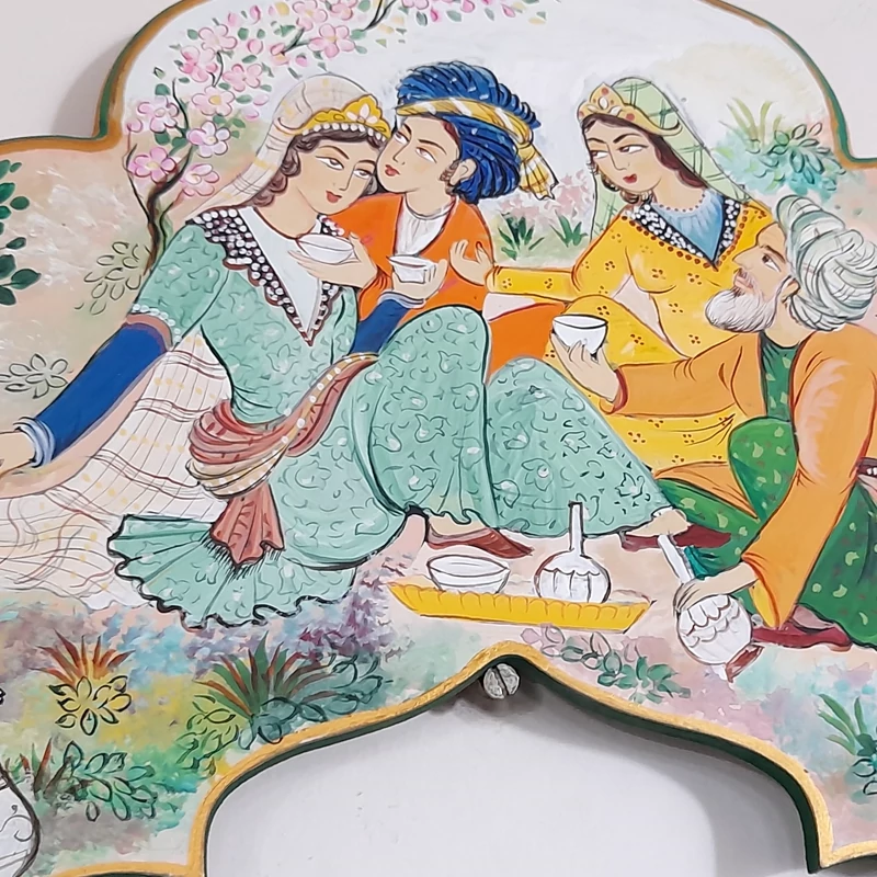Artisan Wooden Scalloped Mirror Frame with Qajar-Inspired Painting
