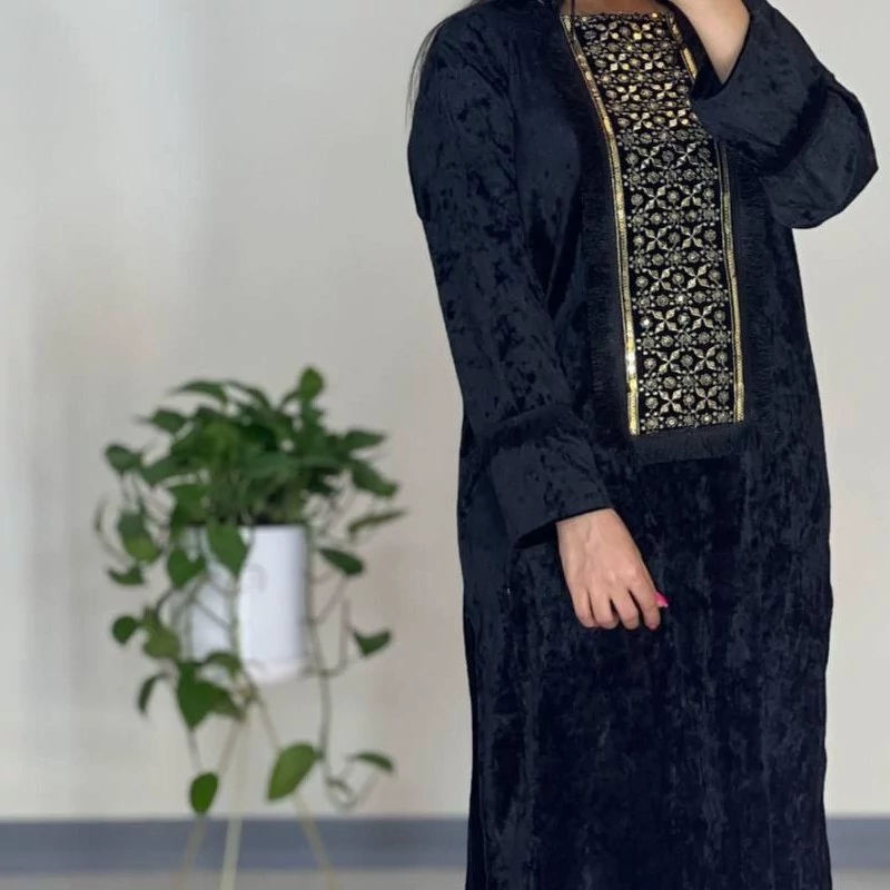 Black Maxi Sheath Abaya in Velvet with Sequin Embellished Neckline to Bust and Dual Side Slits