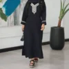 Black Kaftan Women’s Abaya with hand‑stitched embellishments neckline and sleeves – Free Size (1)