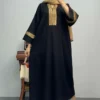 Black Long Kaftan Abaya Dress – Premium Delta Crush Fabric with Golden Embellished Neckline and Sleeves, Free Size (1)