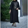Black Long Kaftan Abaya with Golden Sequin and Coin Embroidery on Bust and Cuffs, Wide Sleeves, Side Slits – Free Size (1)
