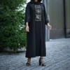 Black Long Kaftan Abaya with Golden Sequin and Coin Embroidery on Bust and Cuffs, Wide Sleeves, Side Slits – Free Size (2)