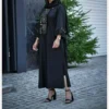 Black Long Kaftan Abaya with Golden Sequin and Coin Embroidery on Bust and Cuffs, Wide Sleeves, Side Slits – Free Size (3)