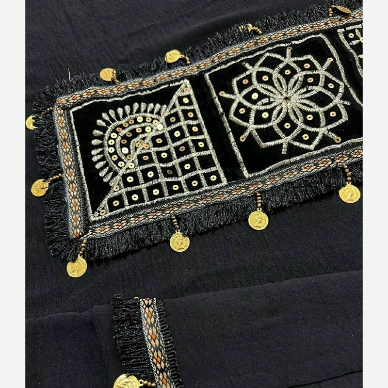 Black Front-Closed Abaya with Golden Sequin and Coin Embroidery on Bust and Cuffs, Wide Sleeves, Side Slits