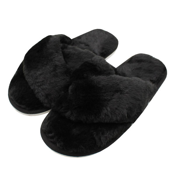 Nikta Fluffy Cross Faux Fur Black Slippers – Open Toe Fuzzy Slides